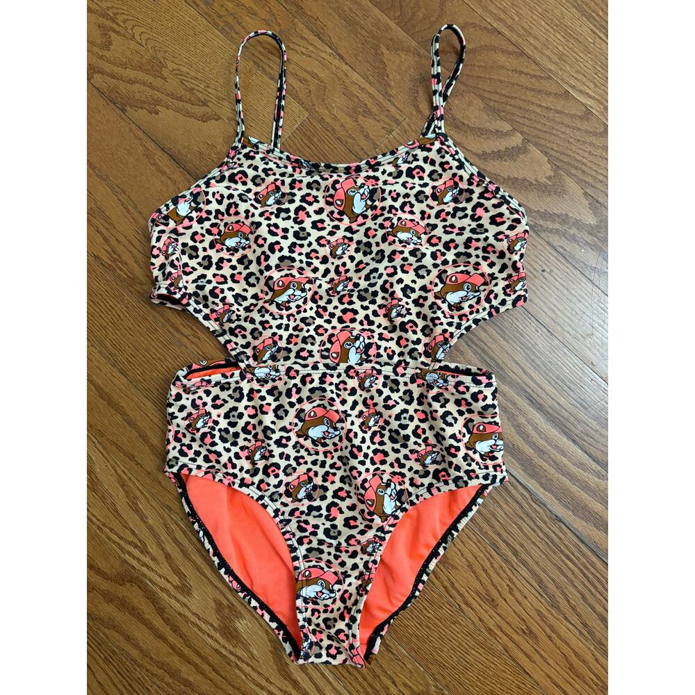 Buc-ee's Youth One piece Swimsuit All over Leopard Print Orange Sz Youth L Large